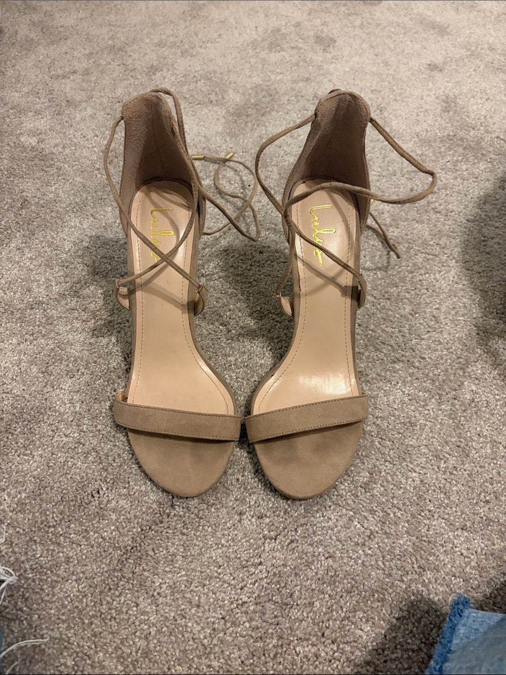 Lulu's Taupe Lace-Up Ankle Wrap Heels